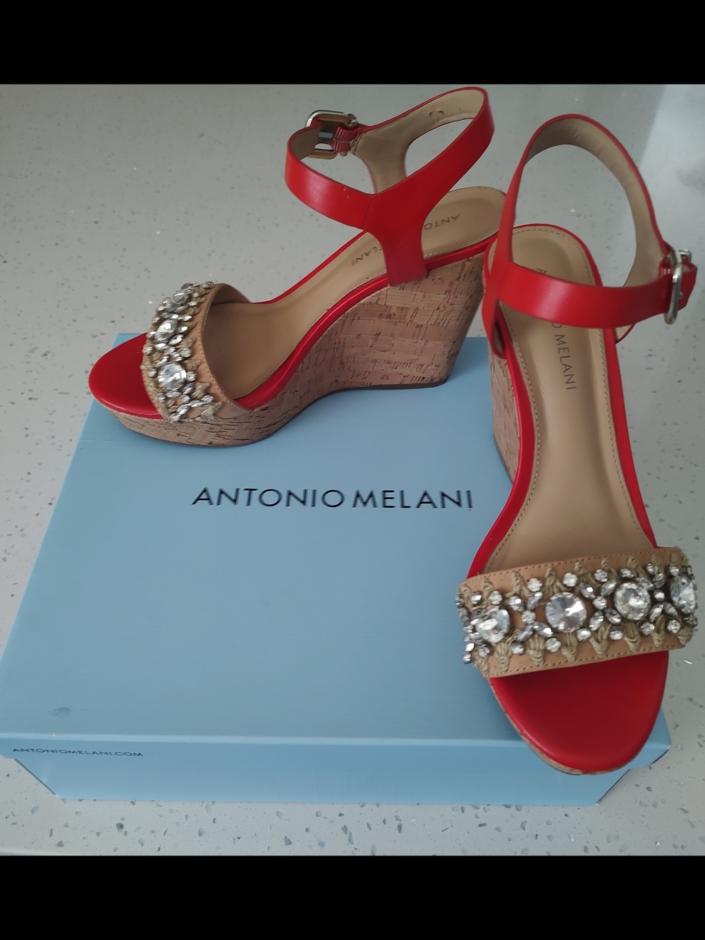 ANTONIO MELANI Deep Orange Jewel-Embellished Cork Wedge Sandals